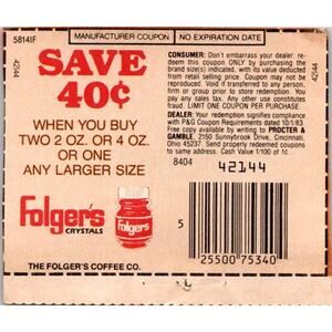 Save 40¢ When You Buy Folger's Crystals Cincinnati OH 1980s Coupon SAI1-M5